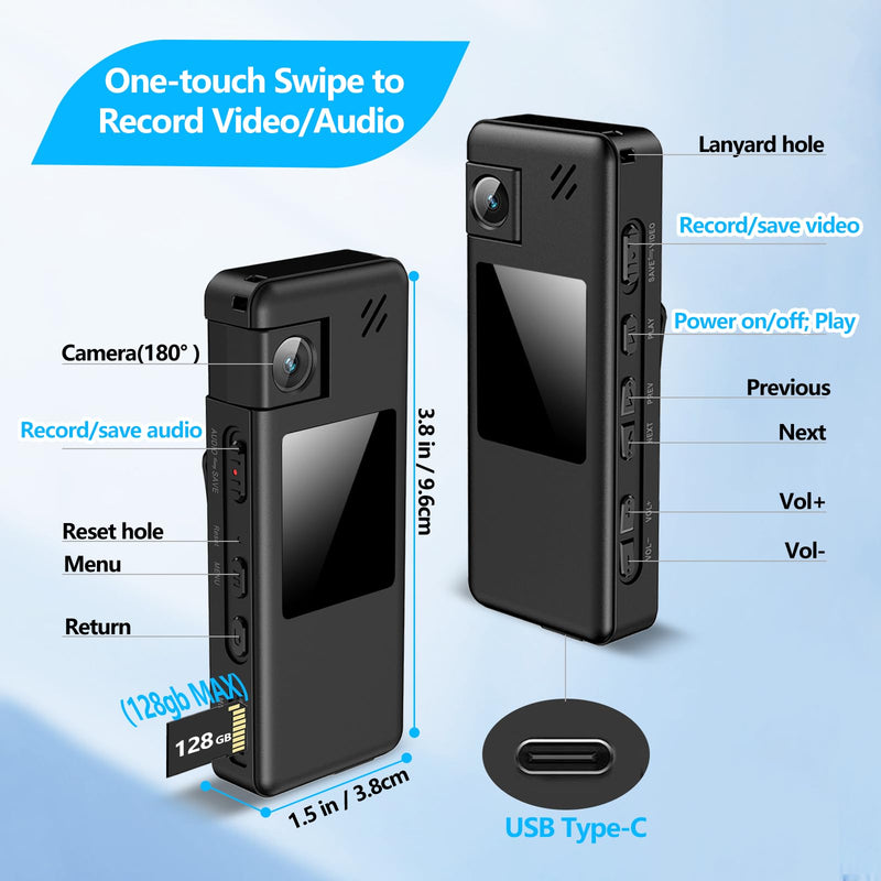 128GB Body Camera, Wearable HD Body Cam with 180° Rotatable Lens and Upgraded Back Clip, Body Camera with Audio and Video Recording for Law Enforcement, Delivery, Indoor