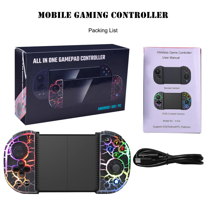 RGB Cracked Gaming Controller for iPhone Android PC iOS Wireless Gamepad Joystick for iPhone 15/14/13/12/X, iPad, Galaxy S23/S22/S21, TCL, LG, Tablet, Turbo, 18 Color LED, Call of duty, Direct Play RGB cracked