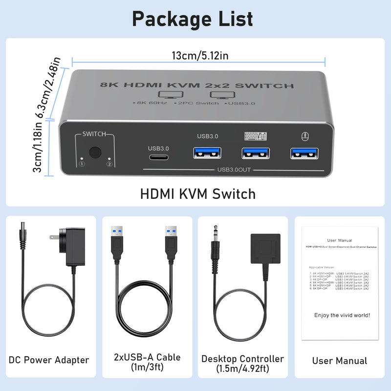 Tendak 8K HDMI KVM Switch 2 Monitors 2 Computers | KVM Switch Shares Keyboard, Mouse & Printer for 2 Computers. Compatible with Laptops, PC, Xbox Series, PS5 / PS4, Projector