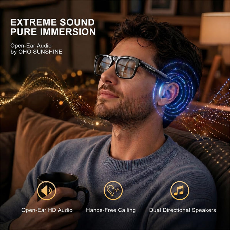 OhO sunshsine AI Glasses, Bluetooth Audio Sunglasses with 10H Playtime, ChatGPT Translation & Water Resistant Open Ear Glasses Black