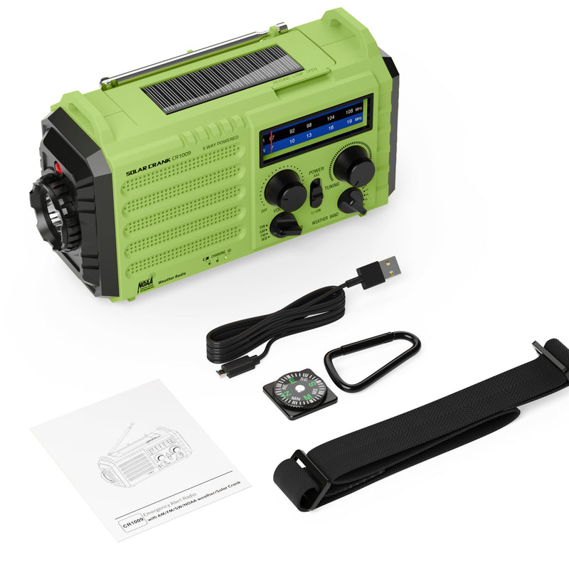 [AUSTRALIA] - NOAA Weather Radio, Emergency Hand Crank Radio with Solar Charger, Portable Battery Operated AM FM Shortwave Radio with LED Flashlight, USB Charger, Earbud Jack, SOS Alert for Home Survival Hurricane Green 