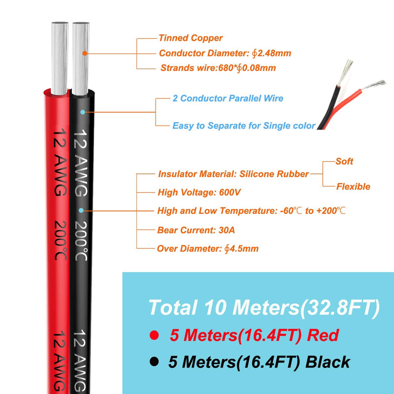 3.3 mm² 12 AWG Silicone Electric Wire Cable Connecting 10 Metres [5 Metres Black and 5 Metre Red] Soft and Flexible Made of Tinned Copper Wire High Temperature Resistance 200 Celsius 600 V 3.3 mm²/12AWG-5 metres