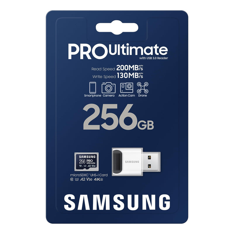 SAMSUNG PRO Ultimate microSD Memory Card + Adapter, 256GB microSDXC, Up to 200 MB/s, 4K UHD, UHS-I, Class 10, U3,V30, A2 for GoPRO Action Cam, DJI Drone, Gaming, Phones, Tablets, MB-MY256SA/AM Micro SDXC PRO Ultimate (200MB/s)