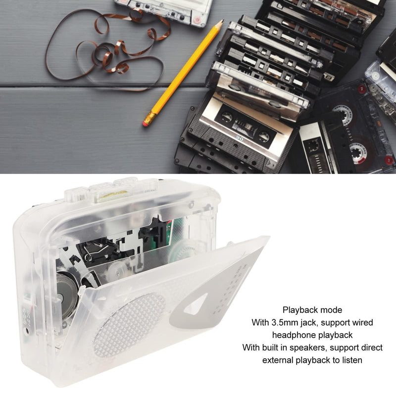 Portable Cassette Player, FM AM Radio Stereo Cassette MP3 Tape Player with 3.5mm Jack and Speaker Support Battery Power and USB Power for Daily (Transparent) Transparent