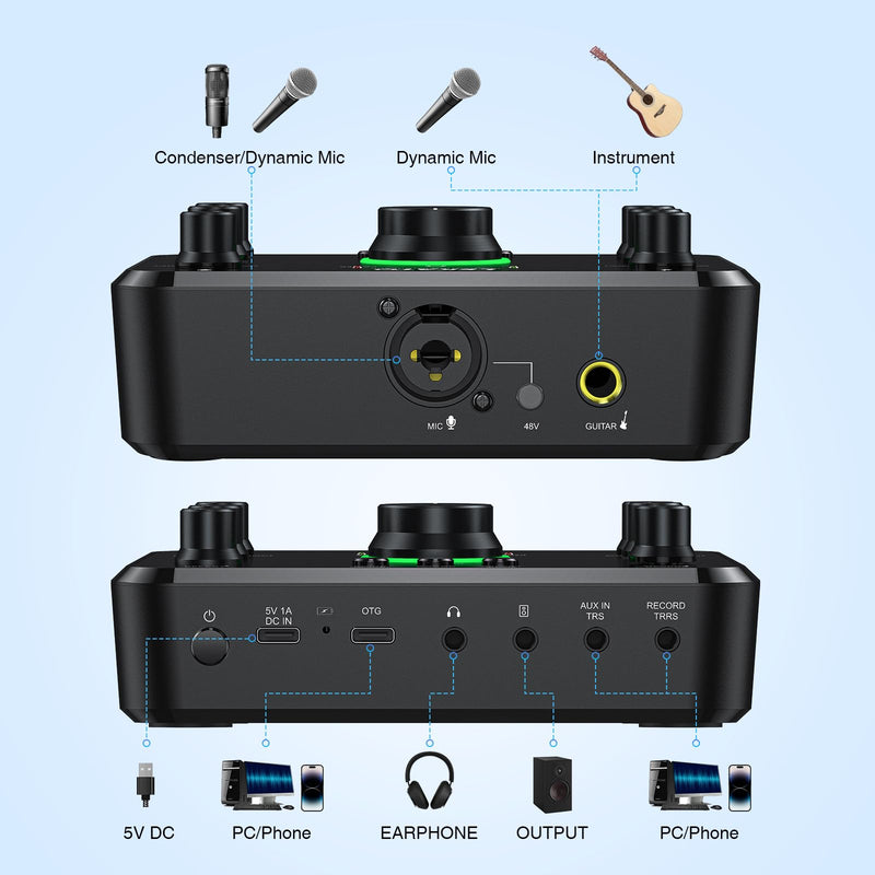 LEKATO Rechargeable Bluetooth Audio Interfaces, USB Audio Interface with XLR Mic, Hi-Z Line, 24bit/96kHz, 48V Phantom Power for Gaming Vocal Streaming Podcast Recording