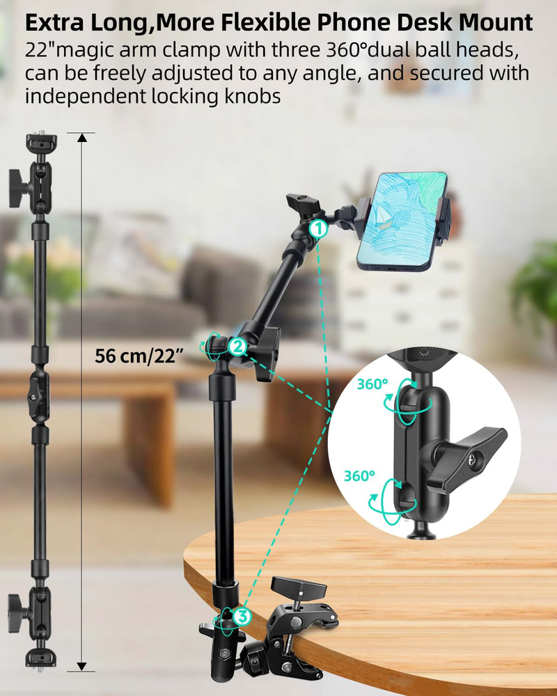 [AUSTRALIA] - 22" Magic Arm w Clamp, Overhead Phone Mount, Desk Camera Mount w Articulating Friction Boom Arm Thread Adapter, for Phone Video Light Webcam Microphone Action Camera Content Creators 22IN-BK 