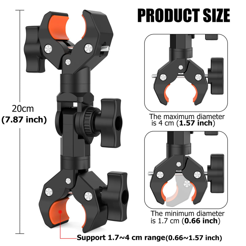 Double Clamp Mount Bracket Magic Arm with 1/4" Screw Interface, Double Super Camera Umbrella Clamp for Chair, Strollers, Photo Studio Light Stand, Motorcycle, Poles, Photography Reflector, Flag