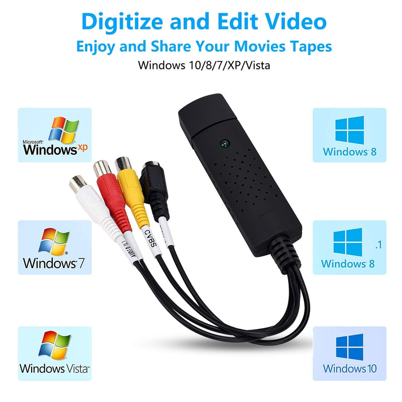 USB Video Capture Card – RCA to USB Audio Video Converter for VHS, Mini DV, VCR, Hi8, DVD to Digital, Support PAL/NTSC, Works with Windows & Mac
