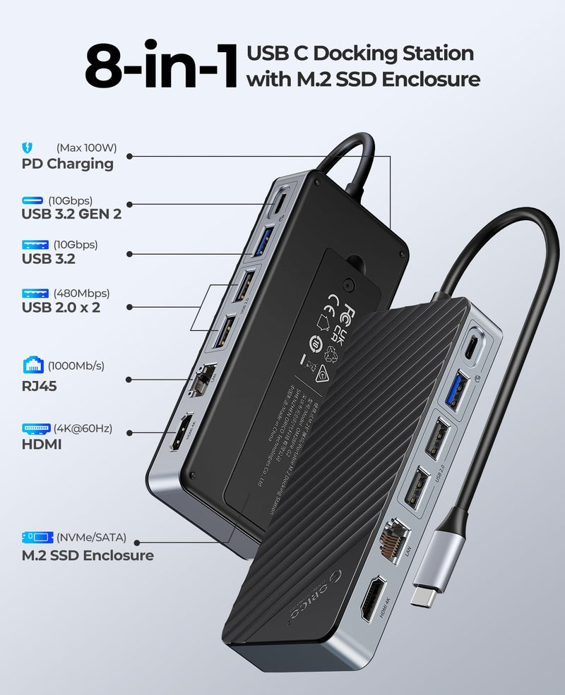 ORICO USB-C Hub with M.2 SSD Enclosure, 8-in-1 USB C Docking Station Fits M.2 NVMe/SATA SSD, 10Gbps, 4K@60Hz HDMI, 100W PD, Ethernet - OM28PR with RJ45