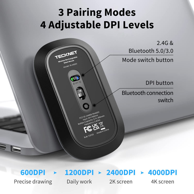 TECKNET Rechargeable Bluetooth Mouse for MacBook Pro/iPad/Laptop/Windows, Slim Silent Wireless Mouse Bluetooth 5.0/3.0 2.4G Portable Optical Cordless Mice with USB Receiver 4 Adjustable DPI