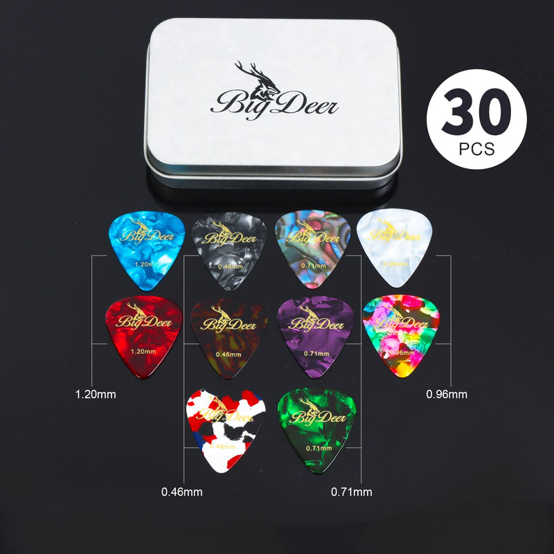 [AUSTRALIA] - 30 Pack Bright celluloid guitar picks, including 0.46mm, 0.71mm, 0.96mm and 1.2mm picks for acoustic guitars, ukulele, bass in tin case,comes with two guitar pick holders 