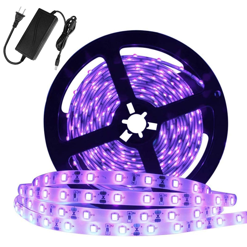 YGS-Tech Super Bright 60 Watts UV Black Light LED Strip, 16.4FT/5M 3528 300LEDs 395nm-405nm Waterproof IP65 Blacklight Night Fishing implicitly Party with 12V 5A Power Supply 60Watts