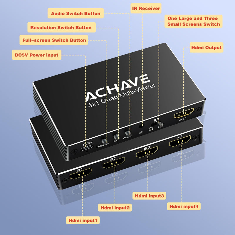 ACHAVE 4x1 HDMI Multiviewer Switch 2x1 3x1, 4K@30Hz 1080P@60Hz Quad Screen Splitter with 10 Display Modes, Seamless Switching, IR Remote Control, Compatible with Laptop, Xbox, TV Box