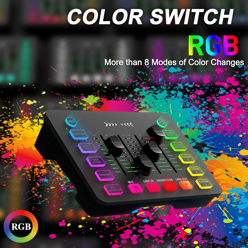 Streaming Audio Mixer, Arector All-in-One Gaming/Broadcasting Mixer with 48V Phantom Power,Mute Button,Volume Fader,XLR Microphone Interface, for PC,Live Streaming, Podcasting Recording