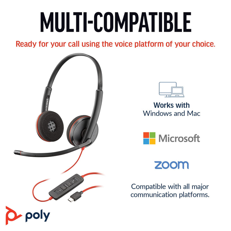 Poly Blackwire 3220 Wired Headset (Plantronics) - Noise-Canceling Mic – Stereo Design - Connect to PC/Mac via USB-C or USB-A - Works w/Teams, Zoom - Amazon Exclusive