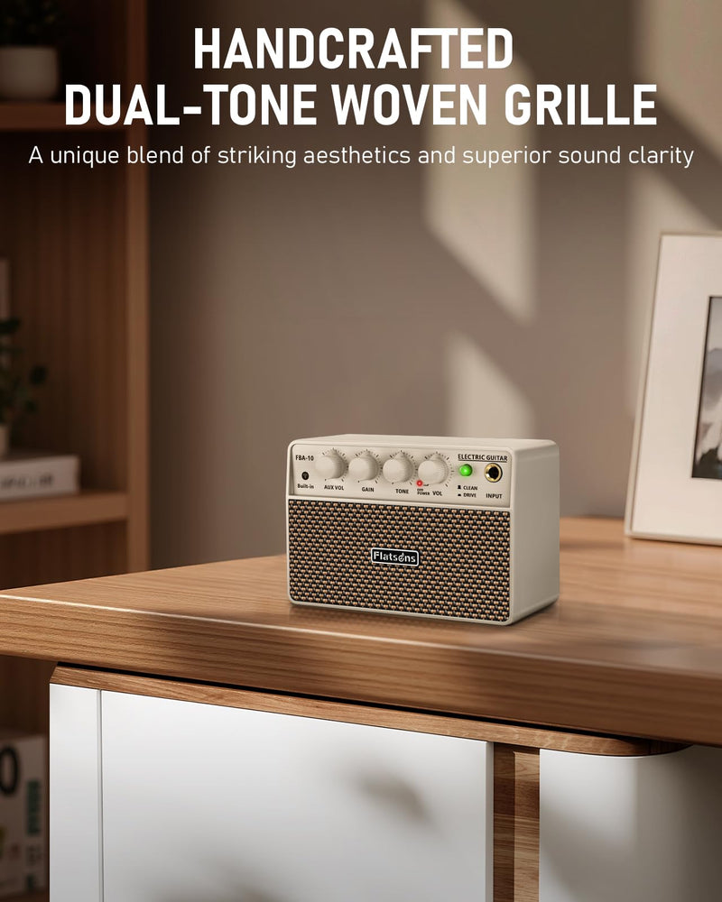 FBA-10 Guitar Amp, 10W Mini Electric Guitar Amplifier with Clean/Drive Channel, 6H Working, USB-C Rechargeable, 3.5mm Headphone/AUX Jack, Wireless Portable Amp for Indoor Practice (White) White