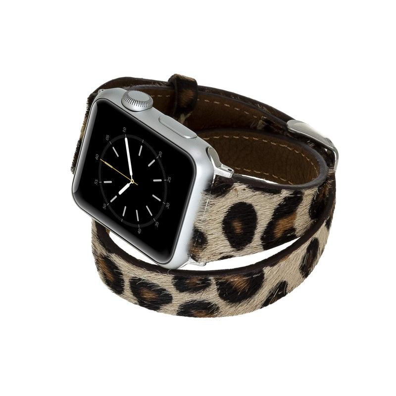 Venito Serena Slim Double Wrap Leather Watch Band Compatible with Apple Watch iwatch Series 1, 2, 3, 4, 5, 6, 7, SE (Furry Leopard w/Silver Stainless Steel Hardware, 38mm-40mm)
