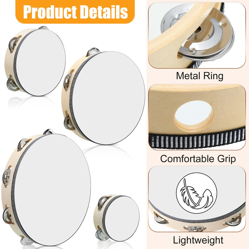 Reginary 8 Pcs Tambourine for Adults Handheld Wood Tambourine 4 Size Single Row Metal Jingles Musical Educational Gift Rhythm Percussion Instrument for Church Party Ktv(Natural) Natural