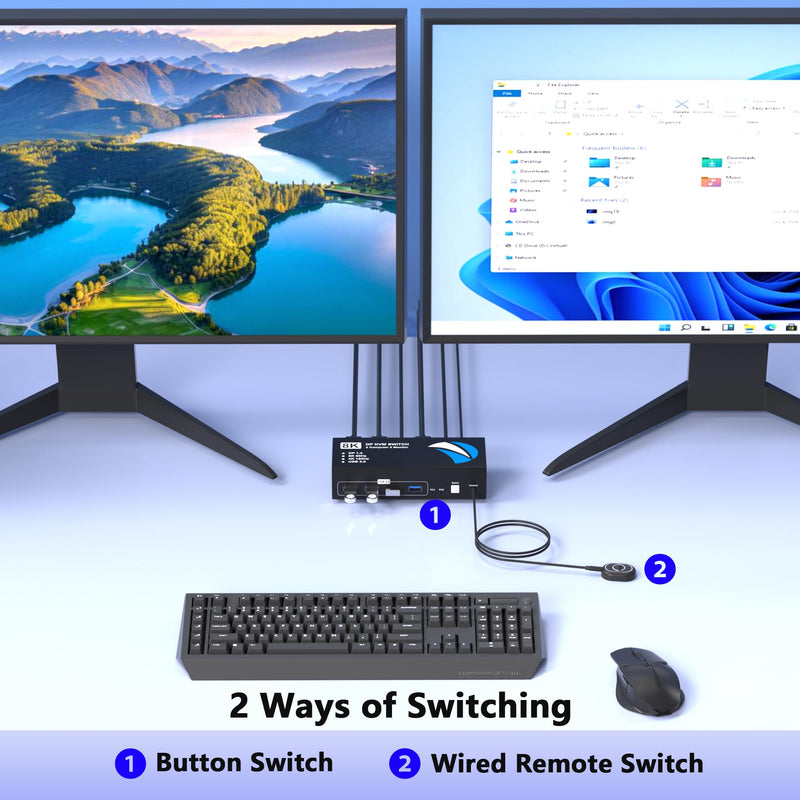 8K@60Hz KVM Switch 2 Monitors 2 Computers Display Port, KVM Switches Dual Monitor with 4 USB 3.0 Ports Sharing Keyboard Mouse Printer, Computer Switch for 2 Computers, Displayport Switch 2 in 2 Out