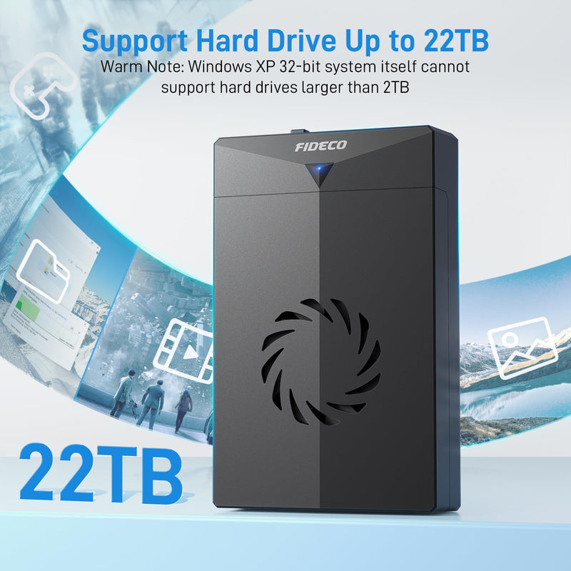 FIDECO Hard Drive Enclosure, USB 3.0 to SATA Hard Drive Docking Station for 3.5 or 2.5 inch SATA HDD SSD with Cooling Fan, 12V Power Adapter Included, Support UASP Dark Black