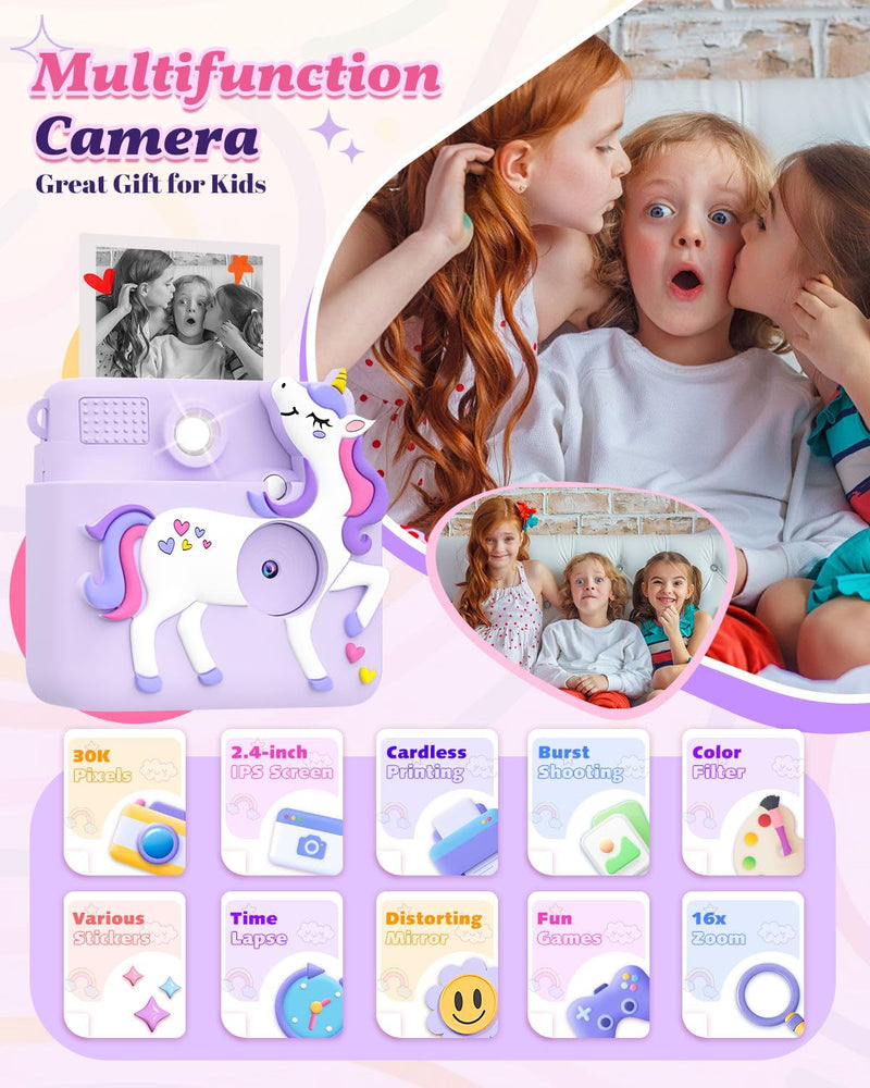 [AUSTRALIA] - Kids Camera Instant Print, 1080P Cameras for Kids Girls Toys Age 6-8, Christmas Birthday Gift for 7 8 9 10 Year Old Girls, Kids Toys for Girls Age 3-12 with 3 Rolls Paper and a 32G Card-Purple Purple 