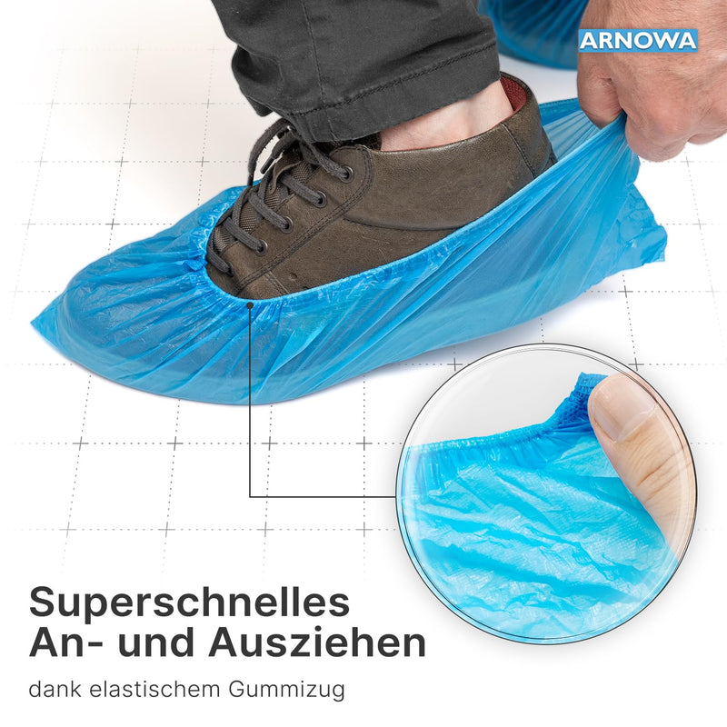 ARNOMED 100 x Disposable Shoe Covers [Waterproof], Galoshes, Shoe Covers Disposable Strong Overshoes Latex-Free, One Size Water and Dustproof, Classic 3 g Strong CPE Material breit Pack of 100