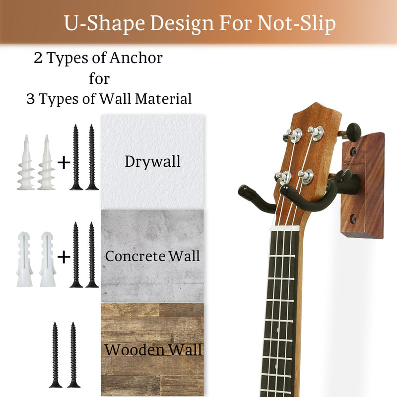 Ukulele Wall Mount Hanger 2 Pack, Black Walnut Wood U-Shaped Ukulele Holder Hanger, Ukulele Wall Mount Hook for Ukulele Banjo Mandolin Concert Pineapple Soprano Tenor and Baritone