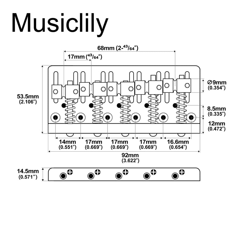 Musiclily Pro 17mm Heavy Duty 5-String Bass Bridge Dual Load with Brass Saddle Steel Plate for Precision Jazz Bass Replacement, Chrome