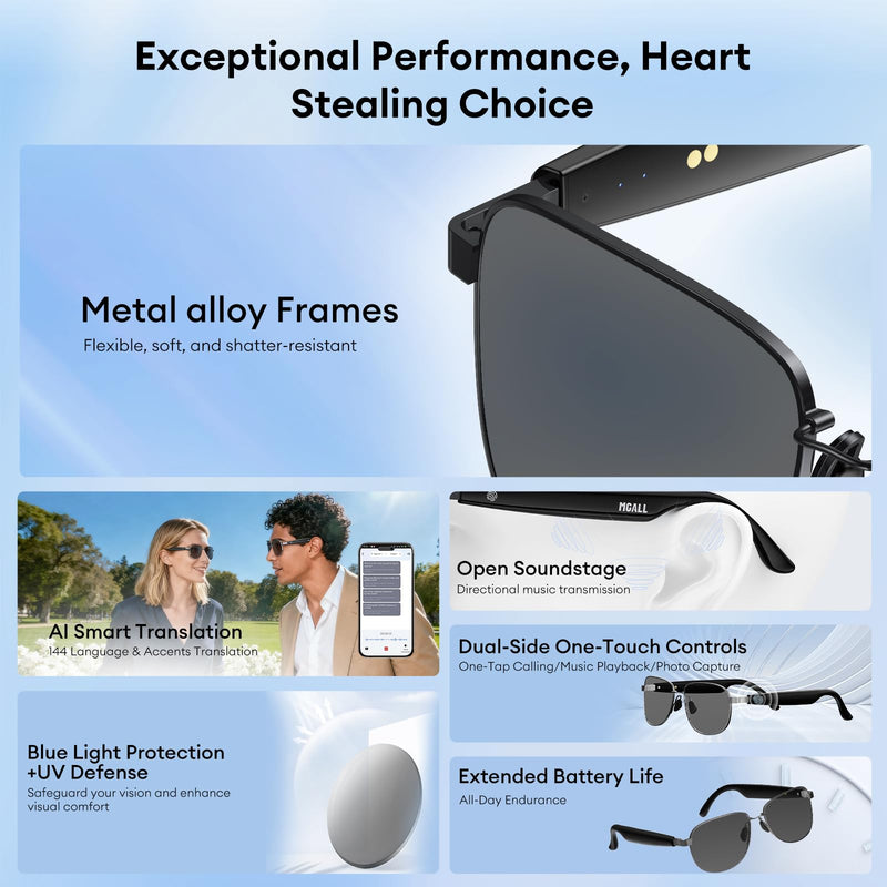 PAXA Metal Frame Smart Audio Sunglasses with Translation App, UV400 | Metal Frame Comfort, Adjustable Nose Pads, Anti-Slip Fit, UV400 Lenses, Open-Ear Audio & Translation App Support Metal Frame - Black