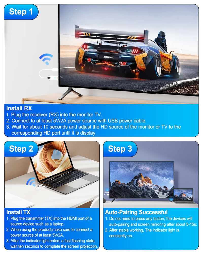2026 Upgrade Wireless HDMI Transmitter and Receiver 328FT/100M, 4K Decode 1080P@60Hz Ultra HD Extender Kit Display Adapter, Plug & Play 5G+2.4G for Video/Audio to Monitor from TV Box/Laptop/Projector White