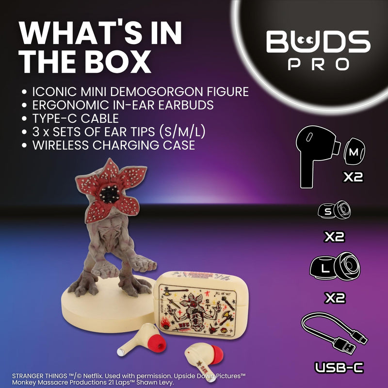 Buds Pro Stranger Things Hellfire Club Wireless Bluetooth EarBuds & Phone Holder - In Ear Headphones with Microphone, 28+ Hours Playtime, Active Noise Cancelling Earbuds, IPX4 Rating & Charging Case