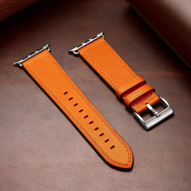 OUHENG Compatible with Apple Watch Band Genuine Leather Replacement Strap 49mm 45mm 44mm 42mm Dark Brown & Orange