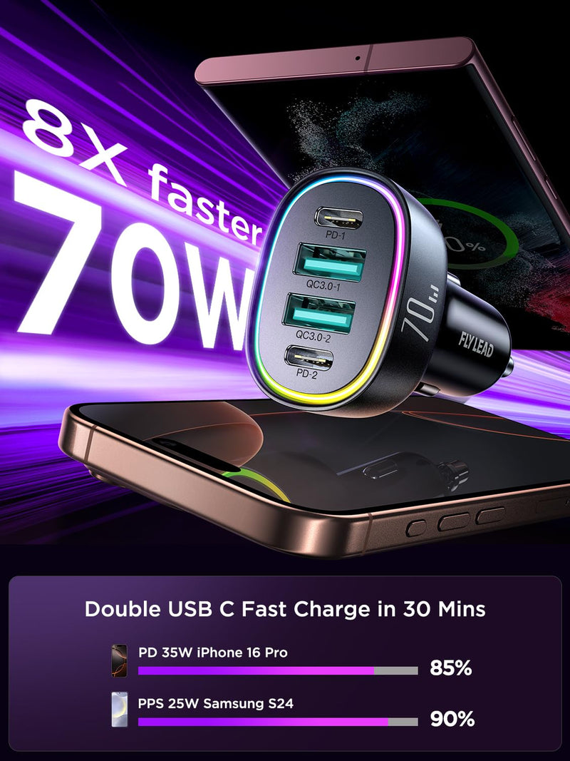 Fast Car Charger FLYLEAD 70W 4 Ports Car Charger【A Must for Family Travel】 Super Fast USB C Car Charger Adapter for iPhone 16/15 Pro Max Plus Samsung Galaxy S24 Black