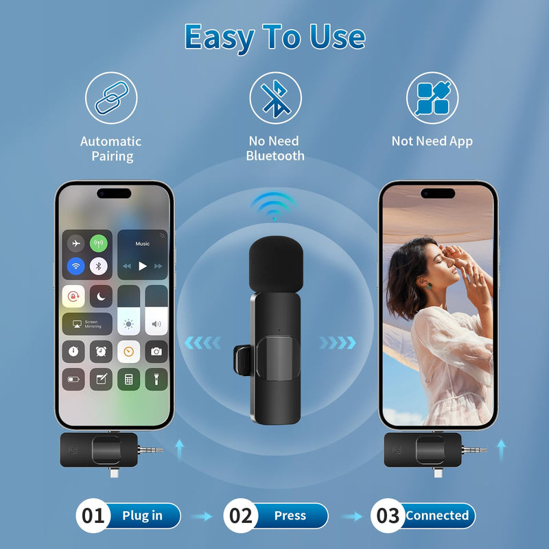 Microphone for iPhone 3 in 1 Mini Microphone Wireless Lavalier Microphones USB C Lapel Mic Clip on Mic for iPhone, iPad, Android, Camera for Video Recording, Vlog, YouTube, TikTok