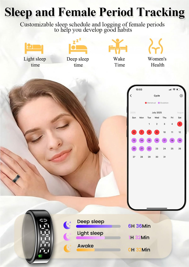 Smart Ring with LED Display，Fitness Tracker Ring, IP68 Waterproof Health Tracker Ring, Blood Oxygen & Heart Rate Monitor, Long Lasting Battery Sleep Ring for Women & Men Black 13