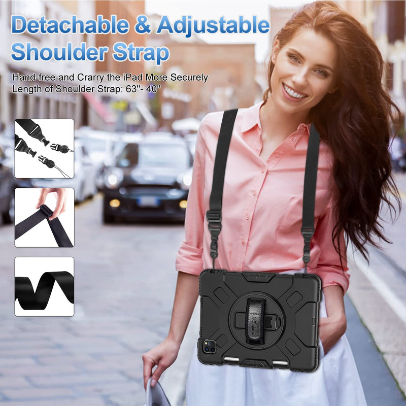 SUPFIVES Case for iPad Pro 11 inch (2022/2021/2020), Upgraded Military Grade Shockproof Protector Silicone iPad Pro 11 4th Gen Cover Pencil Holder+ Handle+ Shoulder Strap+ Rotating Kickstand, Black Ipad pro 11 inch 2022/2021/2020/2018
