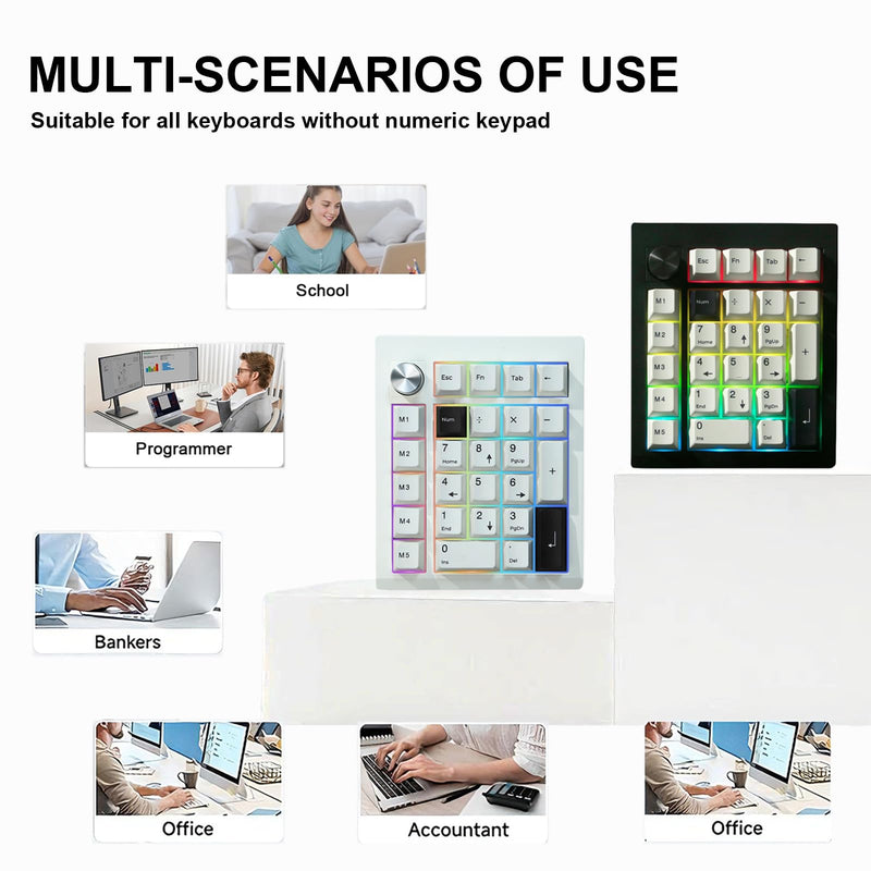 GMK26 Mechanical Numpad,VIA Macro Keypad BT5.0/2.4ghz/Type C Wireless Number Pad RGB HotSwap Numeric Keypads with Knob,PBT Keycaps Gasket Rechargeable Number Keypad for PC Laptop Desktop (White) White