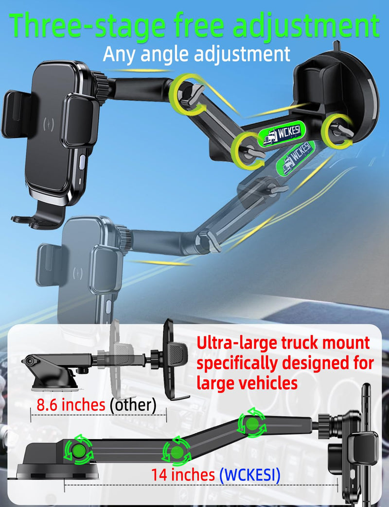 Truck Phone Holder Wireless Car Charger Mount, 15W Fast Charging | 14-Inch Long Arm, Strong Vacuum Dashboard & Windshield Mount, Heavy Duty Trucks and Pickup Accessories, for iPhone Samsung LG black--Wireless Charger