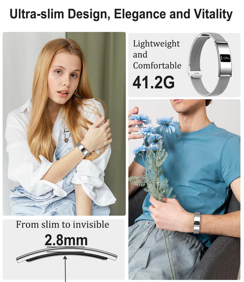 Smart Bracelet for Men & Women, Ultra-Thin Fitness Tracker | Heart Rate, Blood Oxygen & Sleep Monitoring, IPX8 Waterproof, Multiple Sports Modes, Compatible with Android and iOS Silver mesh tape