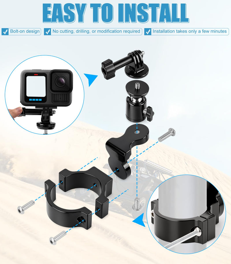 [AUSTRALIA] - UTV Aluminum Action Camera Clamp Mount Holder Fits for GoPro Hero 13 12 11 10 9 8 7 6 5 4 3 DJI Osmo Arlo Akaso EK7000 Insta360 Cams, 1-2" Roll Bar Clamps for SXS Polaris Ranger Can-Am CF Moto 