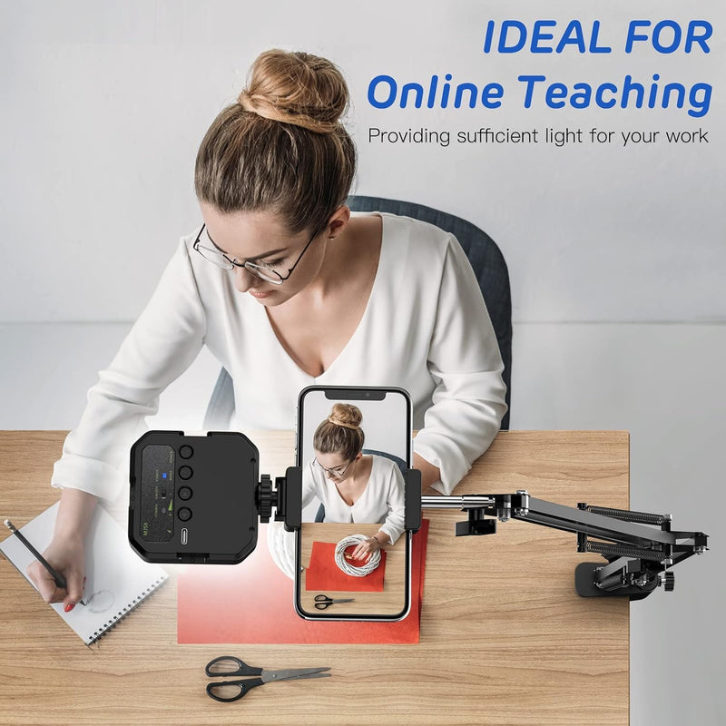 Overhead Phone Mount, Articulating Arm Cell Phone Holder with LED Light, Flexible Phone Stand for Live Streaming,Video Recording,Drawing,Cooking