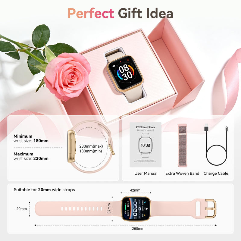Smart Watch for Women, Answer/Make Call, 1.85" AMOLED Always-On Screen Smartwatch for iPhone & Android, 3ATM Waterproof Fitness Tracker with Heart Rate/Sleep/SpO2 Monitor, 120+ Sport Modes, 2 Bands Pink