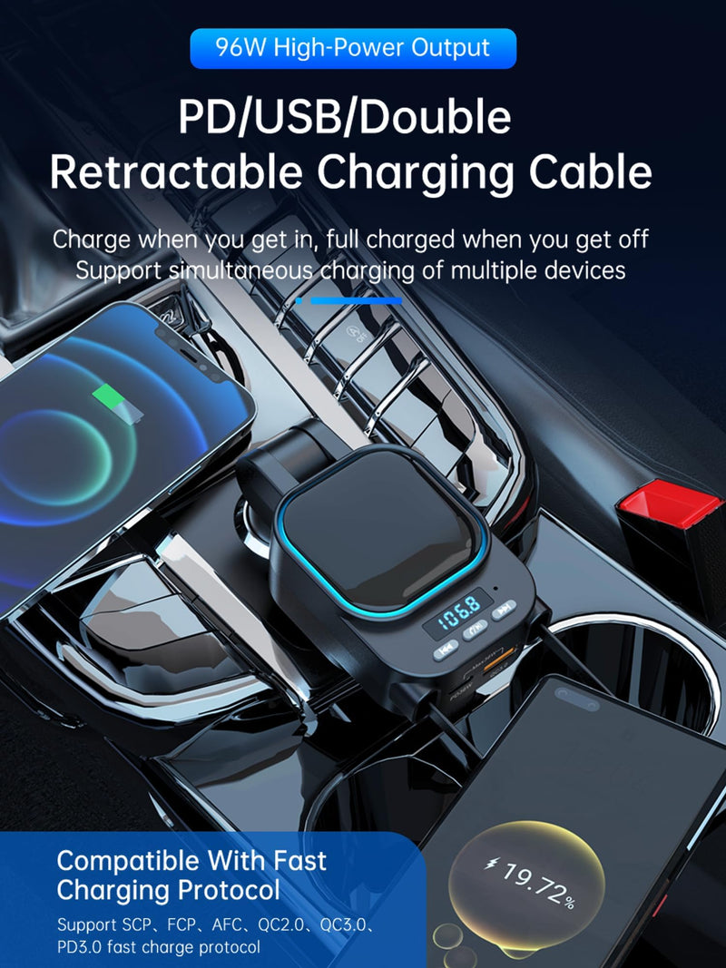 Retractable 96W Car Charger with Bluetooth 5.3 FM Transmitter for High Sound Quality, Easy Setup, 4-in-1 Fast Charging, Handsfree Calling, USB-C Adapter for iPhone 11-17