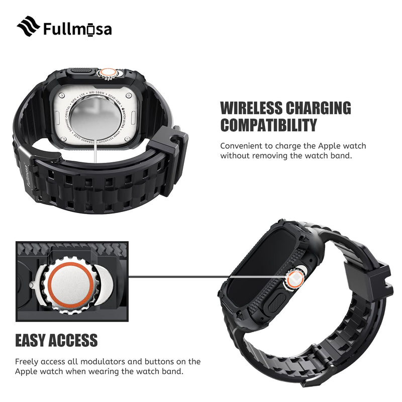 Fullmosa Compatible Stainless Steel Apple Watch Band with case Ultra/Ultra2 49mm Starlight with Case & Compatible Silicone Apple Watch Band with case Ultra/Ultra2 49mm,Black
