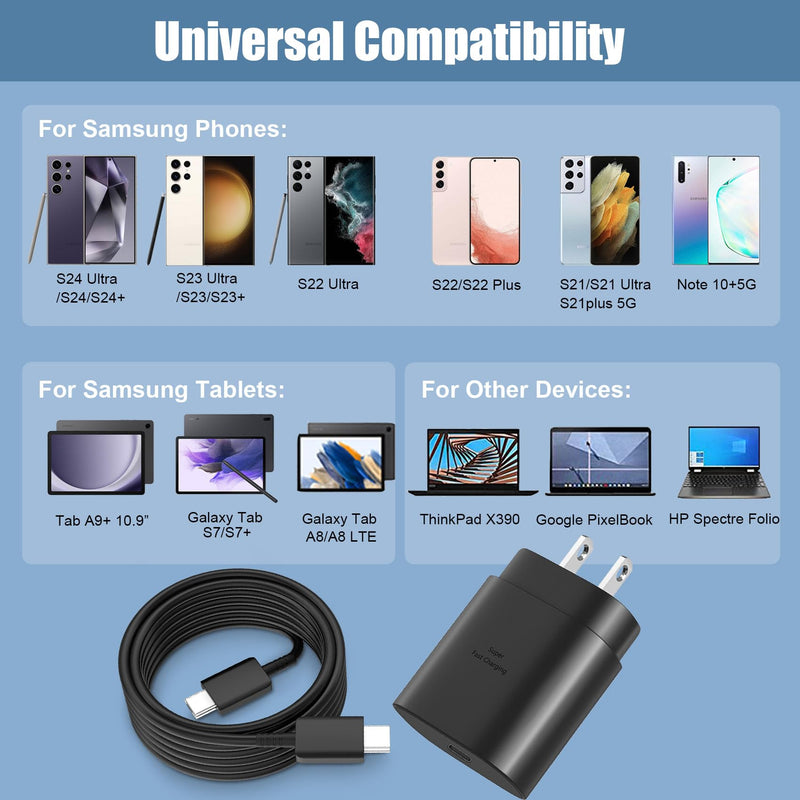Super Fast Charger Type C, 25W USB C Wall Charger Fast Charging for Samsung Galaxy S24 Ultra/S24/S24+/S23 Ultra/S23/S22 Ultra/S22/S21 Ultra/S20 Ultra/Note 20 with 10FT Long Type C Charger Cable 2Pack Black