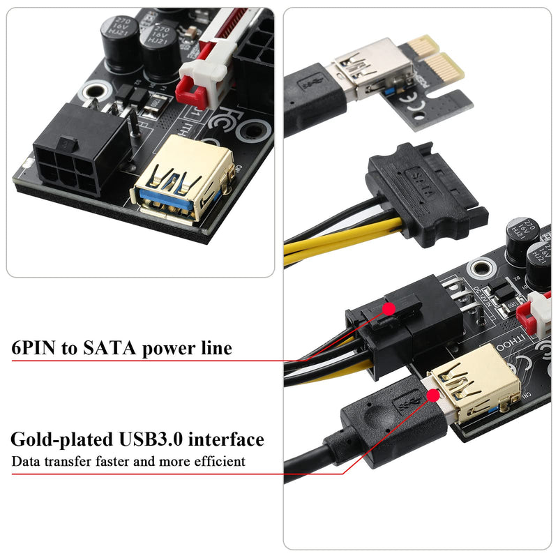 BEYIMEI PCI-E Riser 1X to 16X for Bitcoin GPU Mining Powered Riser Adapter Card,11 Fixed Capacitors,LED Colorful Light Effect,60cm USB 3.0 Cable-for Ethereum ETH Mining (VER014 -6 Pack) 6 PACK--VER014