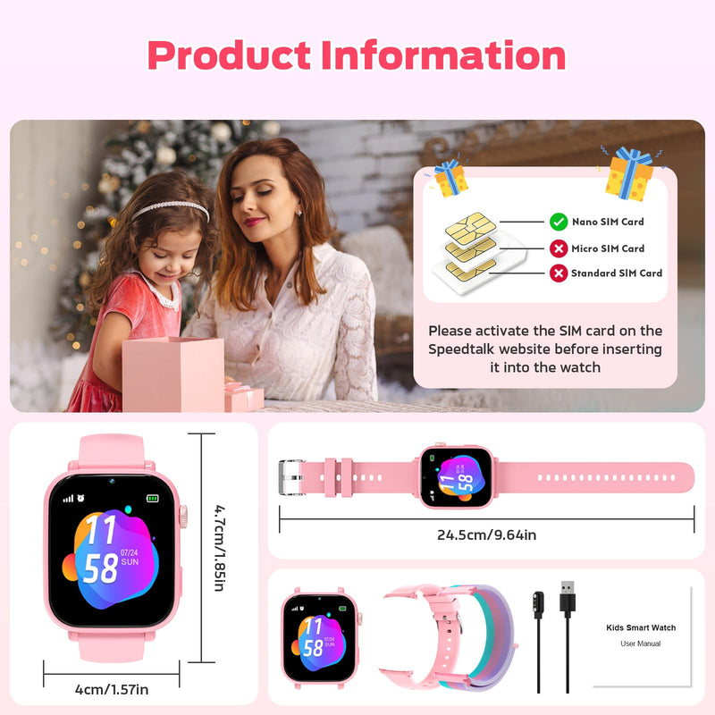 4G Kids Smart Watch with GPS Tracker, Video Call & Texting, Smart Watch for Kids with SIM Card, SOS, School Mode, HD Camera, Pedometer, Kid Watch Gift for Boys Girls Age 4-12, Pink