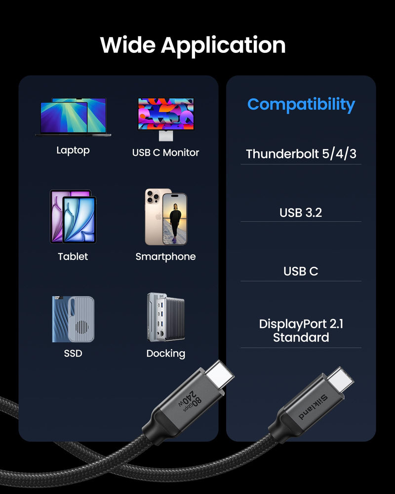 Silkland USB 4 for Thunderbolt 5 Cable 6.6FT/2M, 80Gbps 240W, Dual 8K@60Hz | with 120Gbps Bandwidth, Braided USB C Video Cable Compatible for Thunderbolt 4/5, SSD, MacBook, iPhone17/16 6.6 Feet