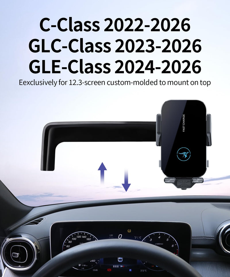 Wireless Charger Car Phone Mount for Mercedes Benz C/GLC/CLE 12.3" Screen | C-Class 2022-2026,GLC-Class 2023-2026,CLE-Class 2024-2026, Auto Clamp Cell Phone Mount Accessories 15W Qi Fast Charging Stand 12.3-inch for 23-26 GLC-Class / 22-26 C-Class
