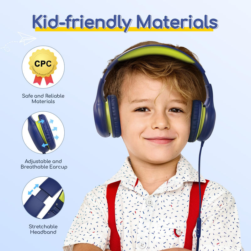 EarFun Kids Headphones Wired with Microphone, 85/94dB Volume Limit Headphones for Kids, Portable Wired Headphone with Shareport, Stereo Sound Foldable Headset for School/Tablet/iPad, Blue Lemon Plug 3.5mm